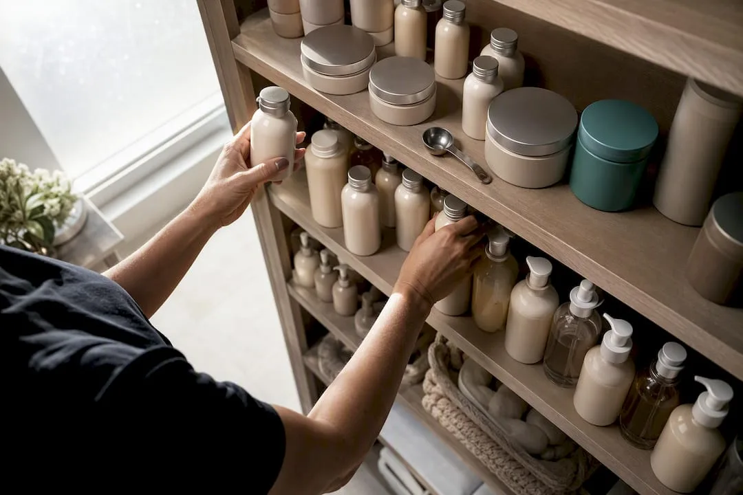 Hands counting organised spa treatment supplies