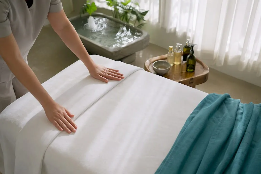 Hands arranging linens and spa products
