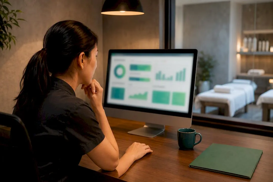 Spa manager reviewing business performance dashboard