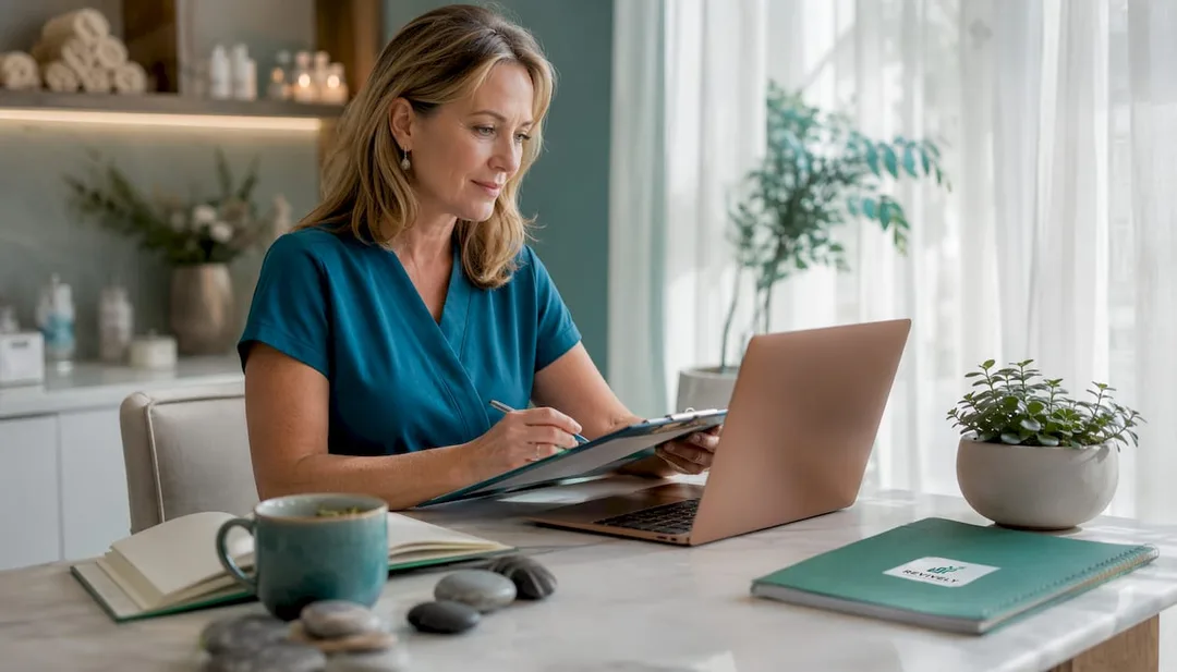Spa manager reviewing scheduling software