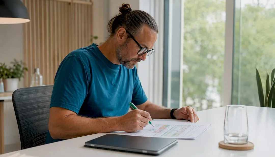 Yoga studio manager reviewing schedule and notes