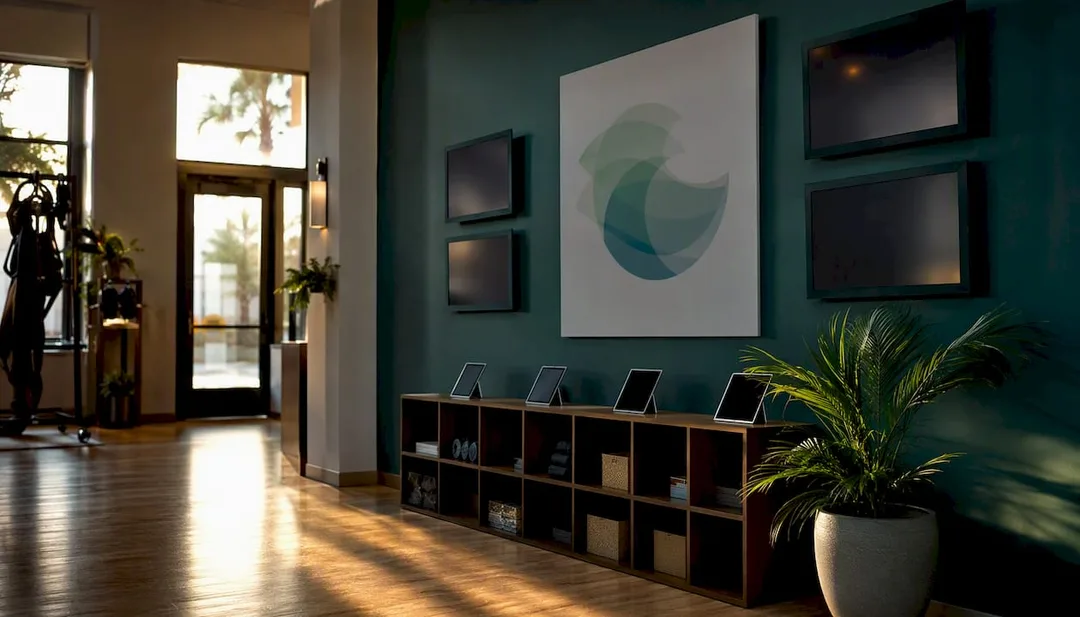 Branded logo and favicon display in studio foyer