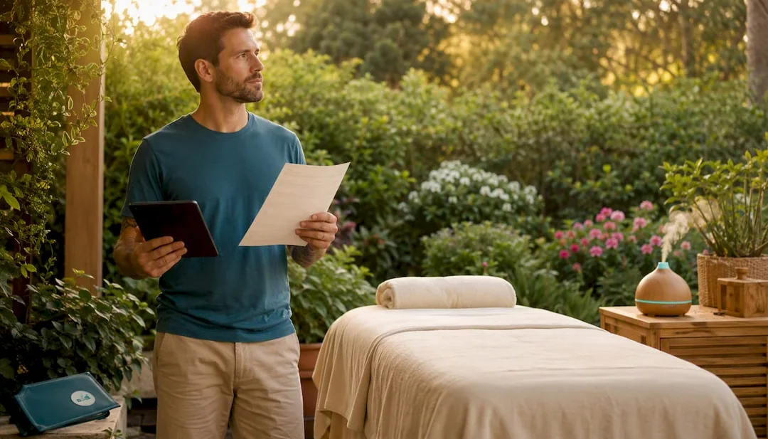 Therapist reviewing compliance checklist in treatment room