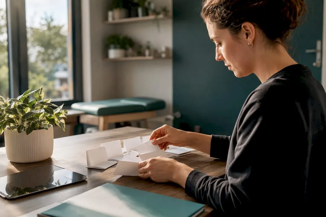 Hands arranging spa booking blocks on desk