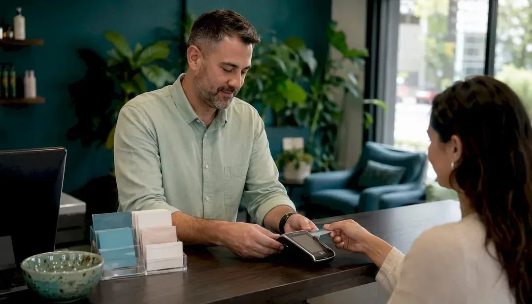 Hands using payment terminal in salon reception