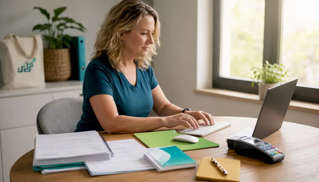 Hands handling tax documents and calculator overhead view