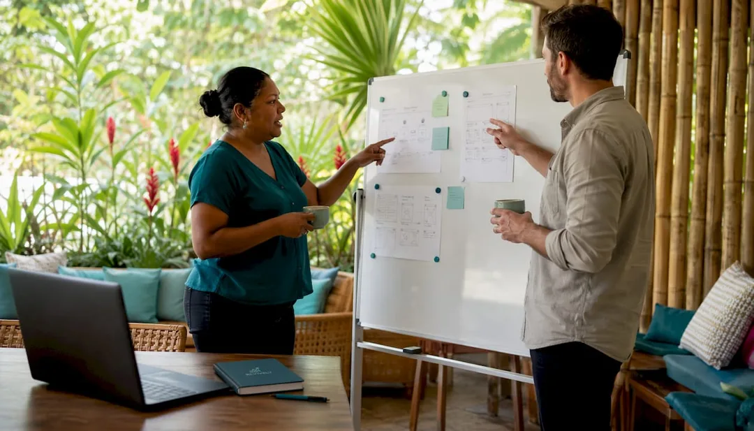 Spa staff discussing scheduling software options