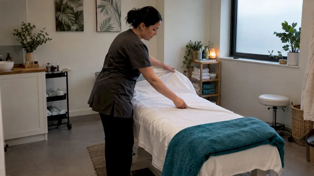 Therapist resetting a spa treatment room