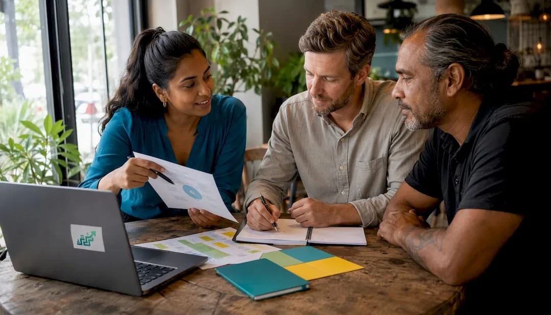 Team reviewing software features in meeting