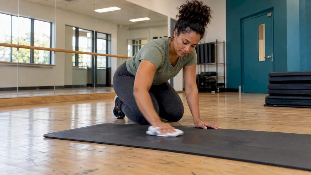 Instructor wiping an exercise mat after class