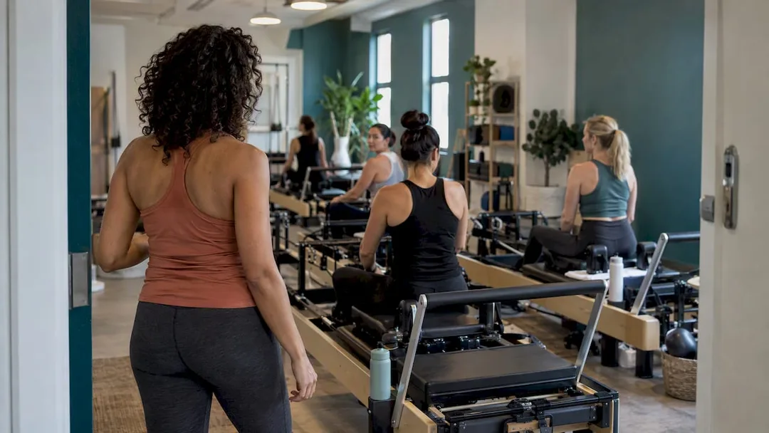 Instructor checks attendance in Reformer class