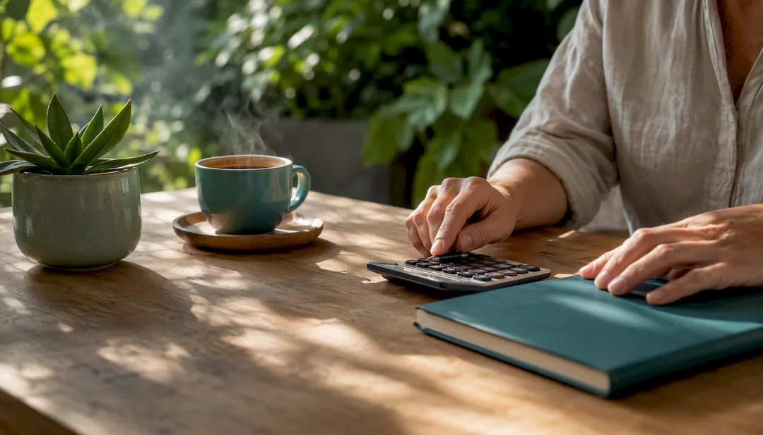 Hands managing bookkeeping tools on desk