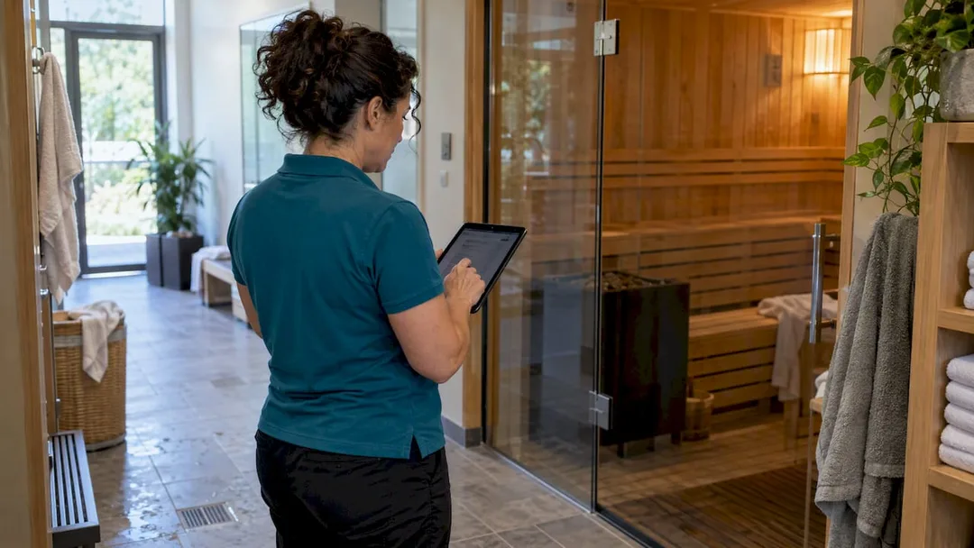 Operator checking sauna bookings beside sauna