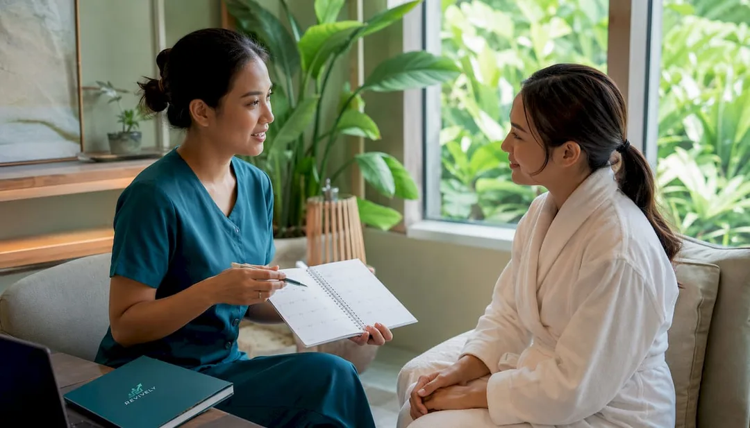 Therapist discussing rebooking with client
