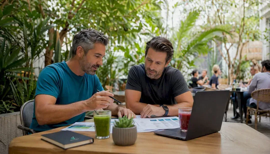 Two studio owners discussing booking software features
