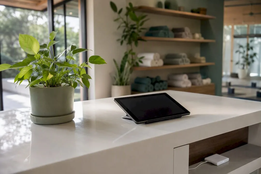 Yoga studio desk with tablet and charging dock