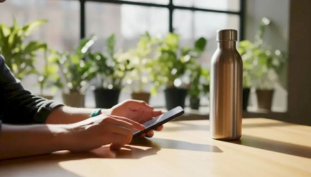 Hands holding smartphone filling out fitness intake form outdoors