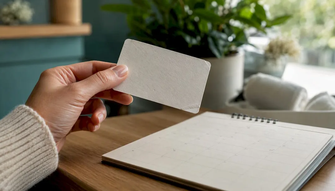 Hand holding spa membership card over calendar