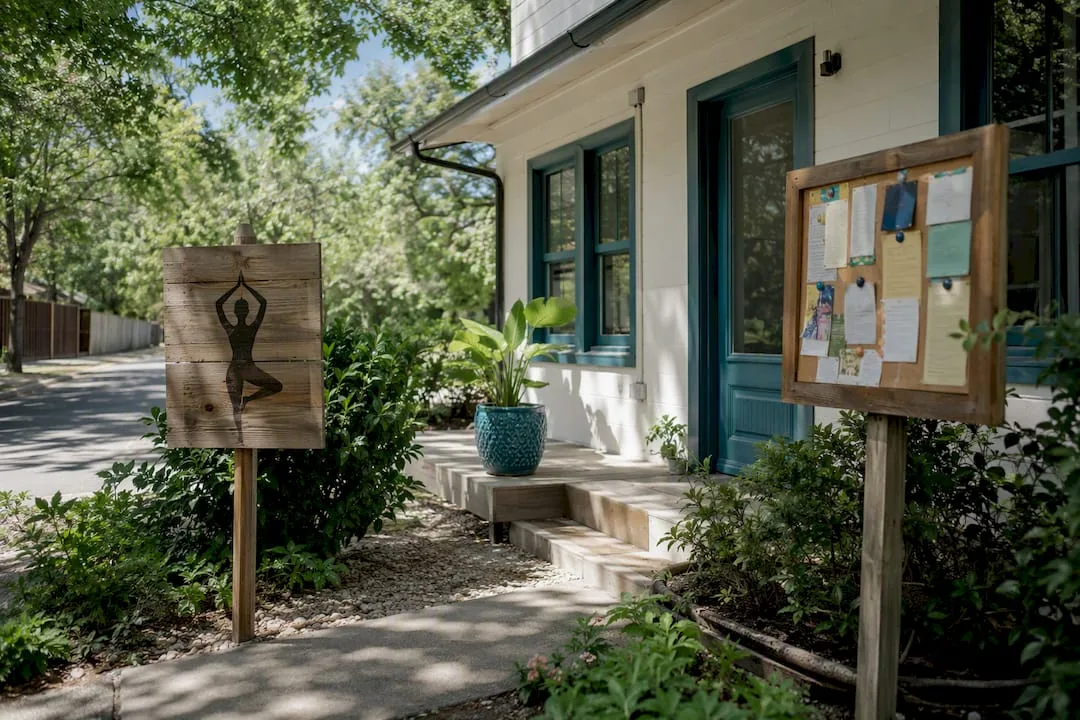 Yoga studio sign and community notice board