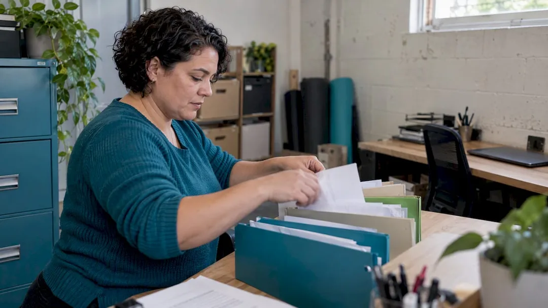 Studio owner sorting business records