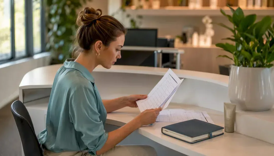 Clinic staff reviewing appointment sheets in reception