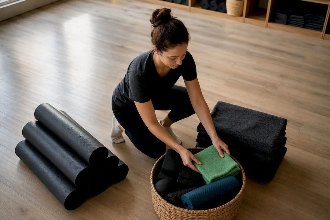 Staff clearing mats props and towels