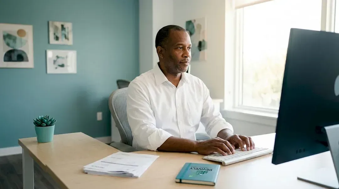 Hands typing invoice on keyboard in office