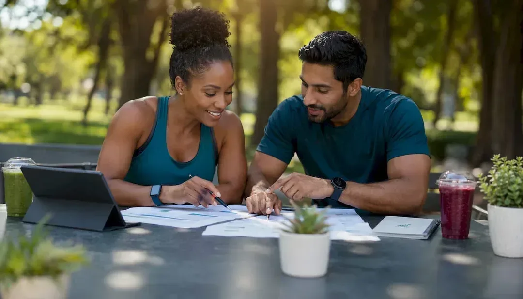 Two partners comparing fitness software features