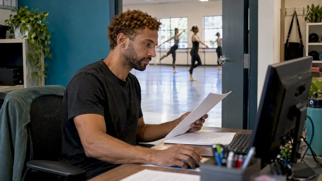 Studio owner checking an instructor payout report