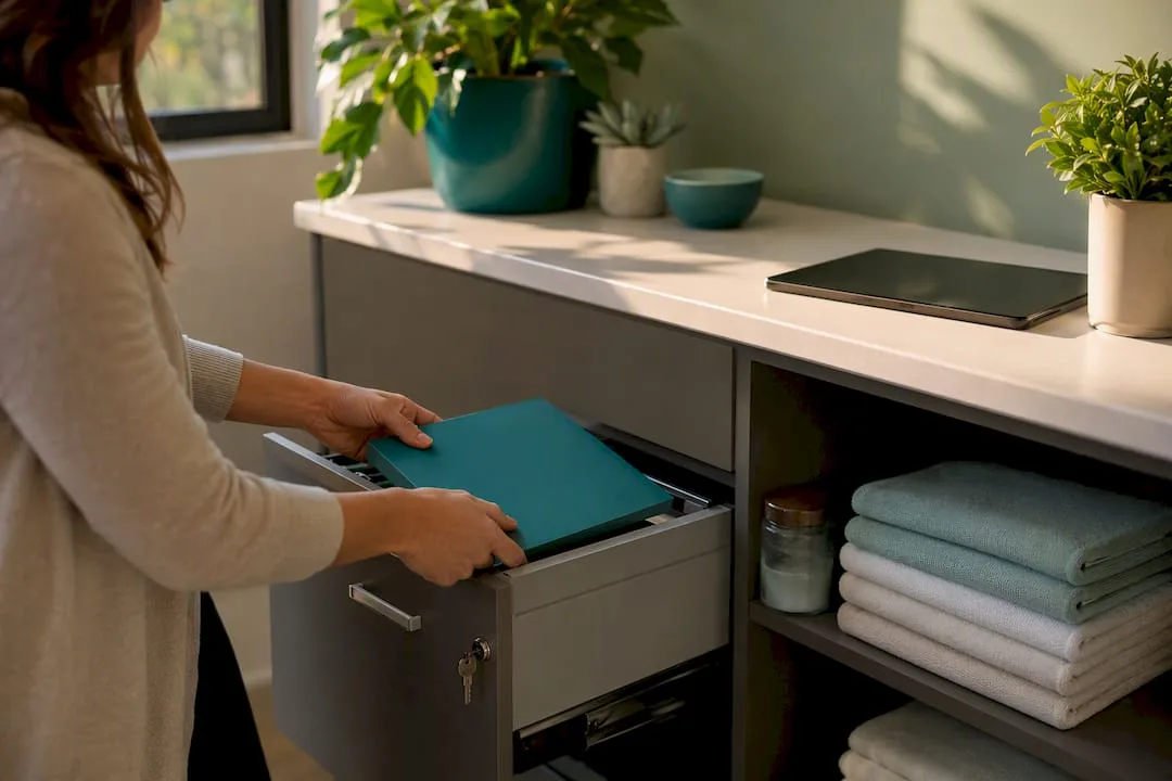 Hands storing confidential spa records securely