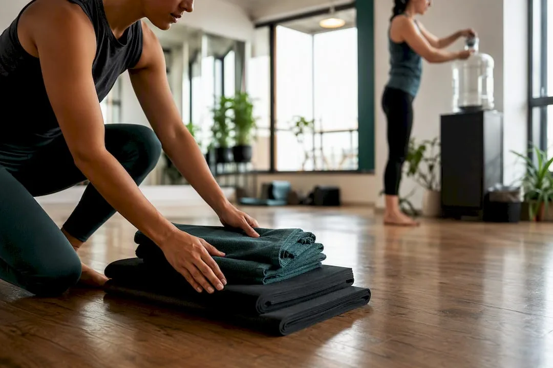 Hands preparing a yoga studio room