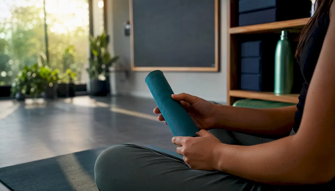 Hands holding class pack card in yoga studio