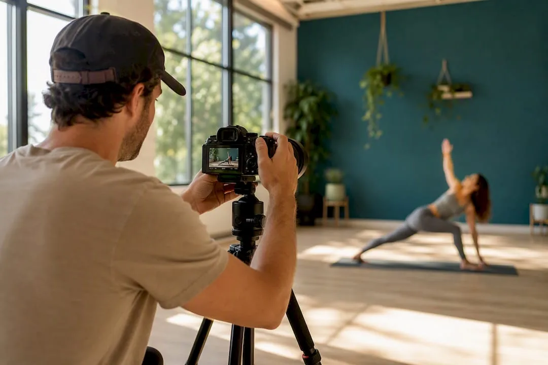 Hands adjusting camera filming yoga practice