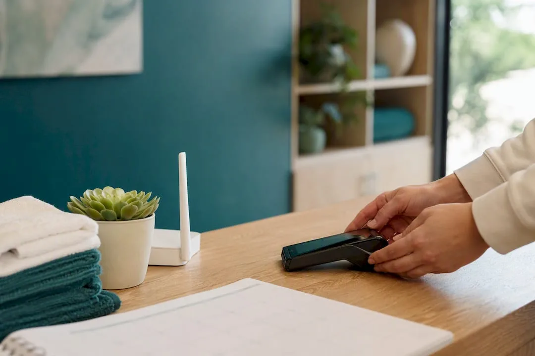 Yoga studio reception desk details with payment terminal