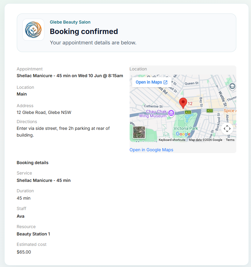 Booking confirmation with map and details