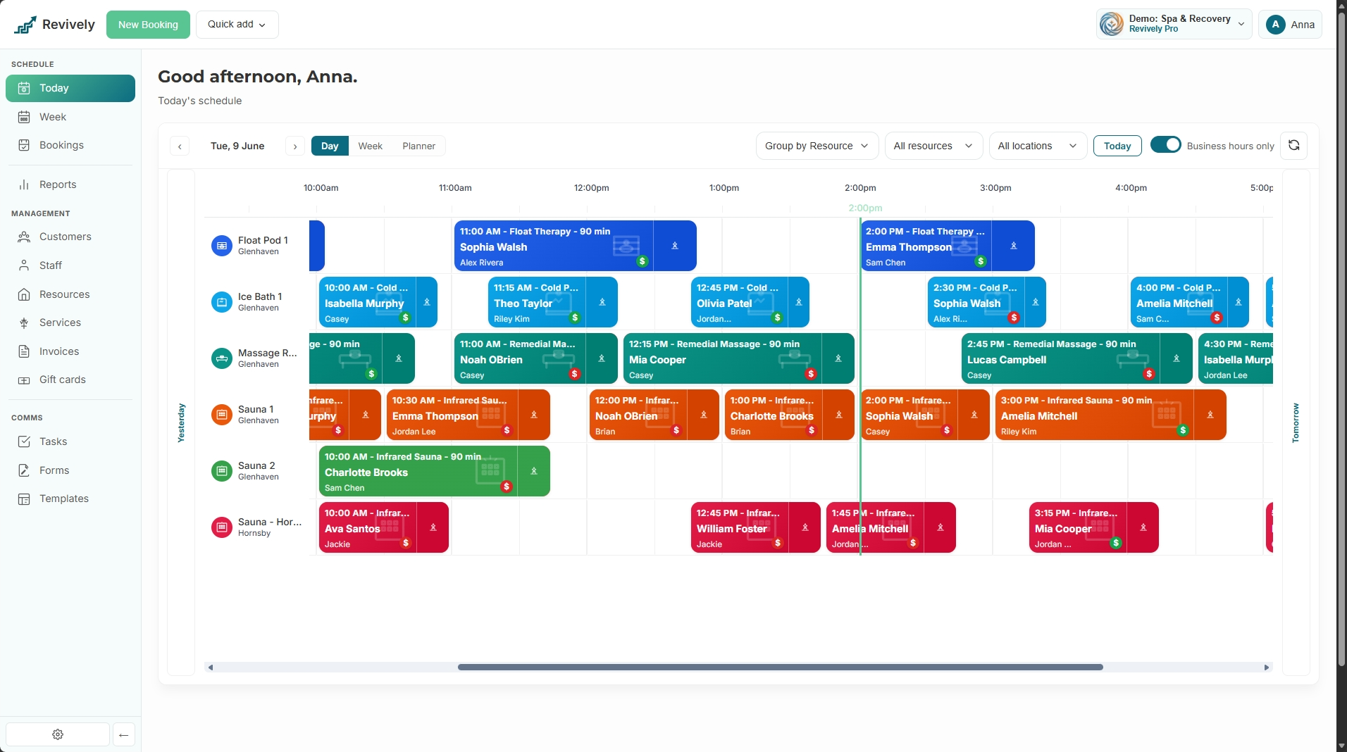 Revively dashboard - today's bookings