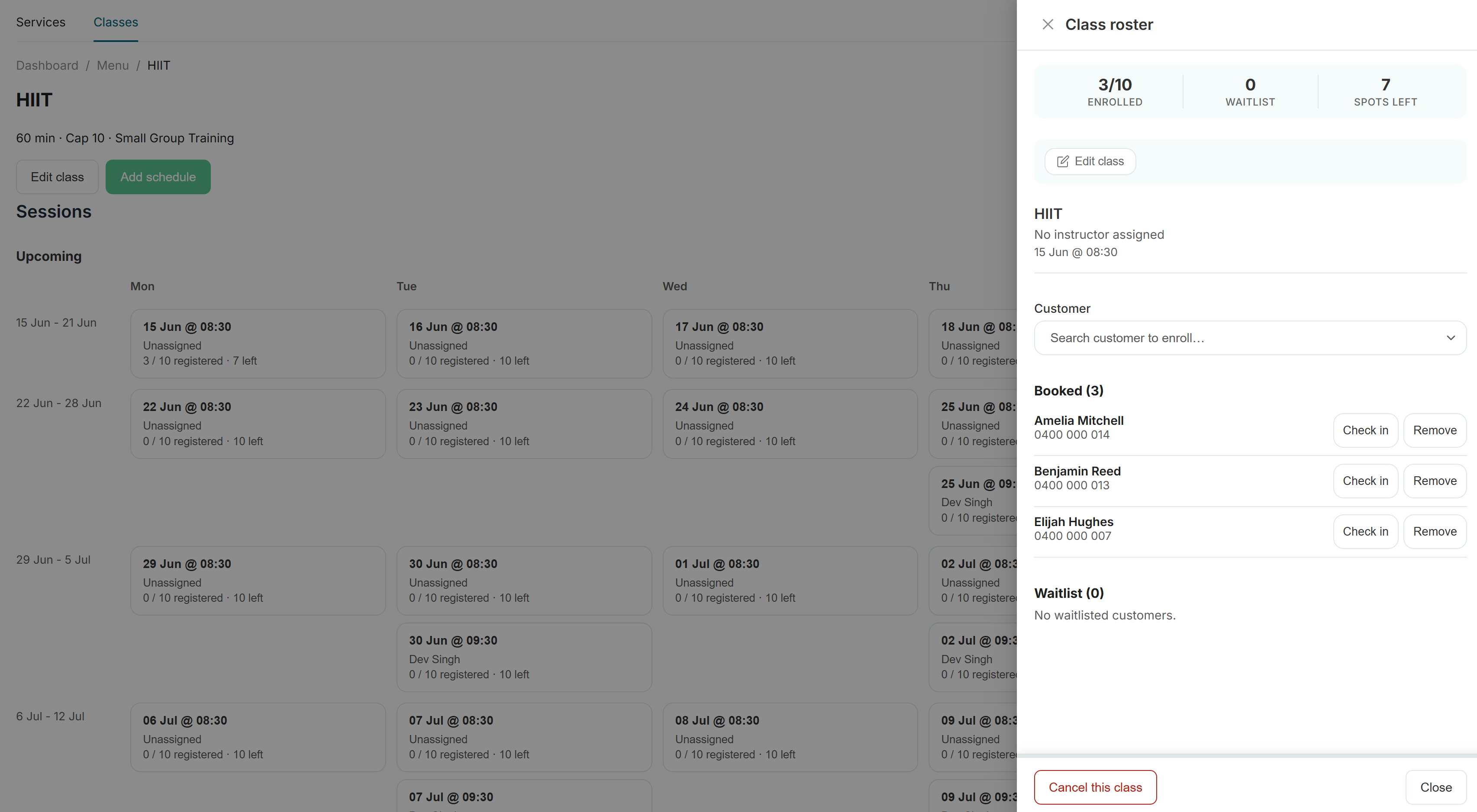Yoga & Pilates Studio - Live rosters show who's booked, checked in, and on the waitlist.