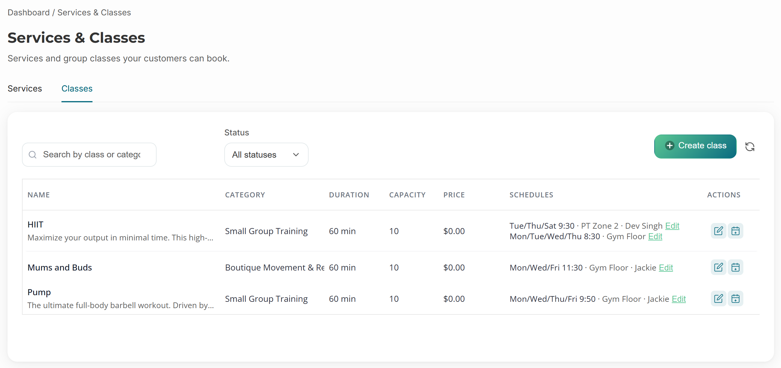 Classes list in Revively