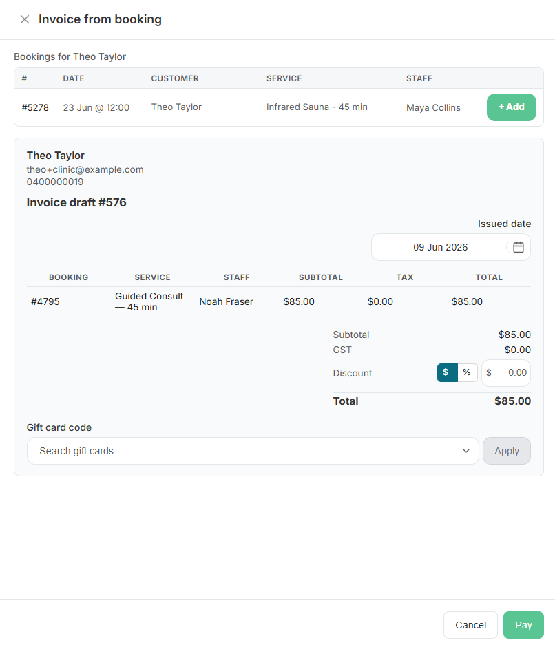 Invoice generated from a booking
