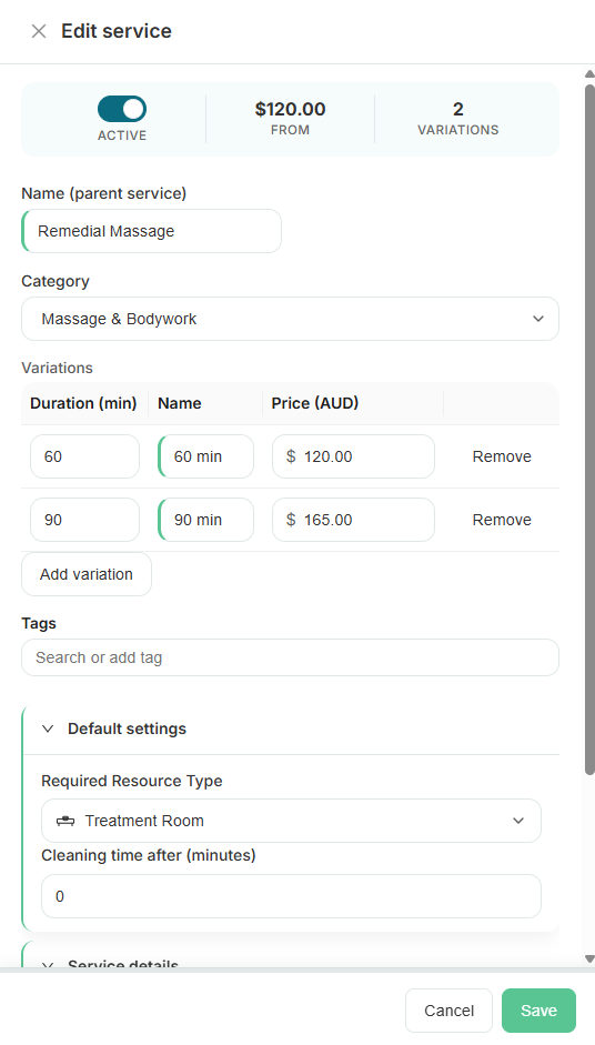 Services, categories & variations