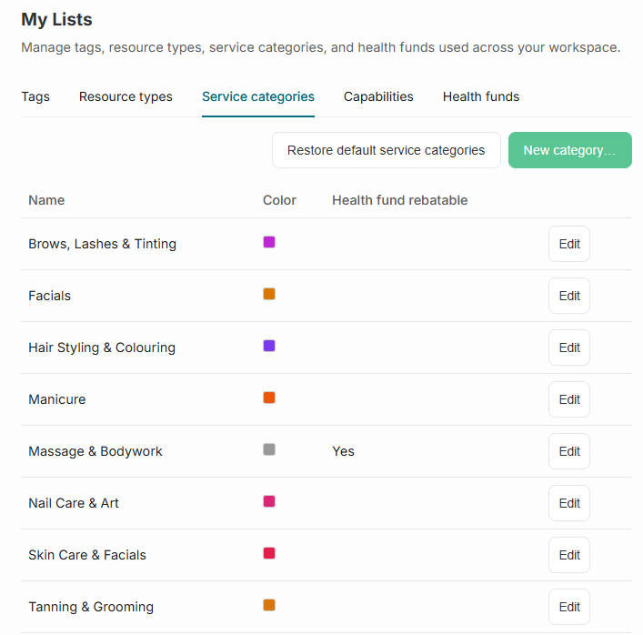 Service categories list