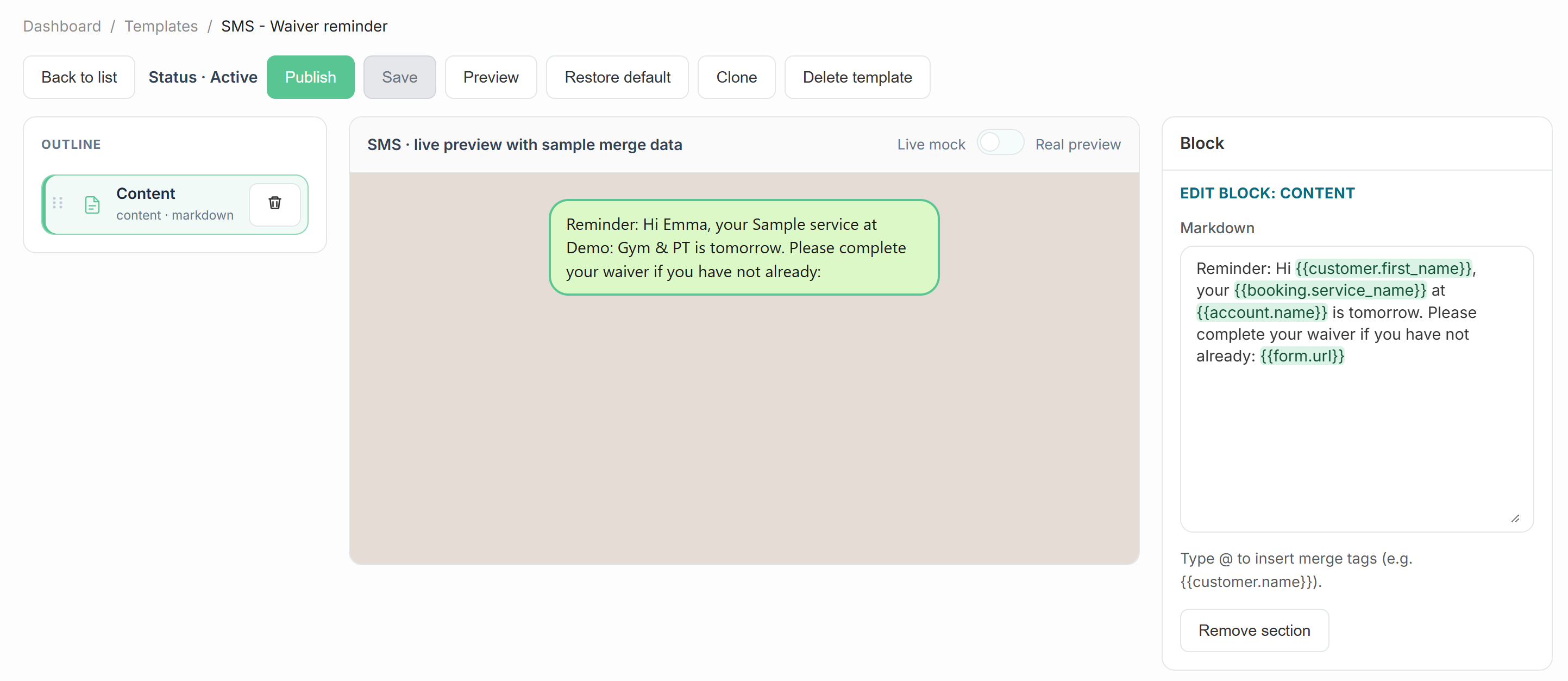 SMS template editor with booking link merge tags